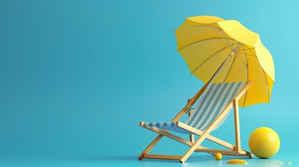 Wall Mural - A beach scene featuring a deck chair, yellow umbrella, and a ball against a blue background.