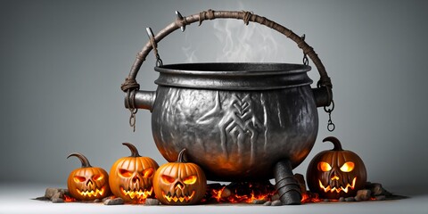 Witch's cauldron made of Forged iron with Halloween decorations on a white and gray background. Jack o lantern pumpkins on the ground.