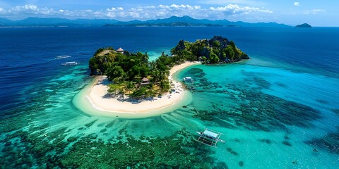 there is a small island with a boat in the middle of the water