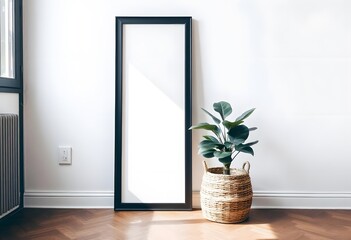 Wall Mural - A black picture frame on a white wall with a potted plant in the foreground