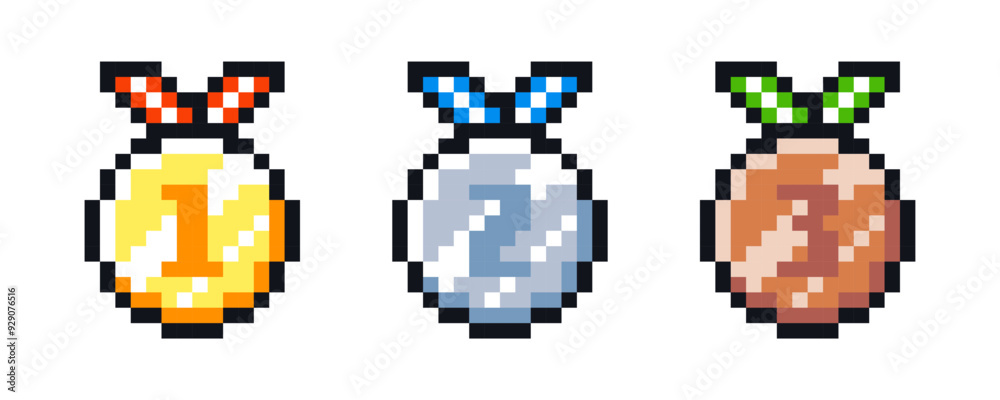 Set of pixel art medals: gold, silver and bronze awards with ribbons ...