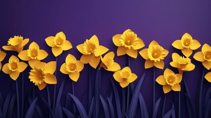 Wall Mural - A vibrant display of yellow daffodils against a purple background, showcasing floral beauty.