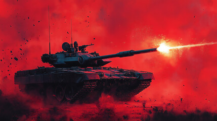 Tank firing through red smoke on intense battlefield, debris flying