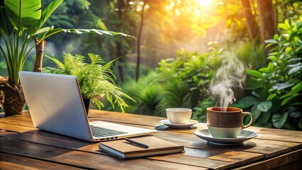 rustic wooden table adorned with steaming cup, laptop, and scattered papers, surrounded by soft morning light and lush greenery.