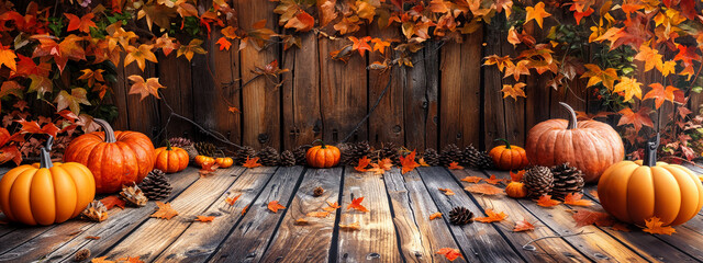 Wall Mural - Empty wooden floor or table made of old oak planks with pumpkins and autumn leaves over wooden wall background. Halloween or Thanksgiving mock up for design and product display