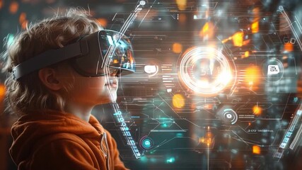 Poster - A young child experiences an immersive virtual reality adventure while interacting with a vibrant digital interface.