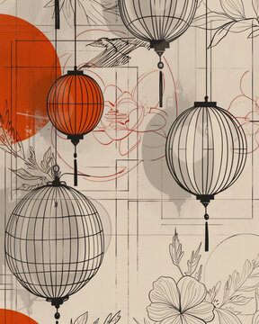 Tranquil Japanese Lanterns, Minimalist Serenity - A wallpaper with lanterns and flowers