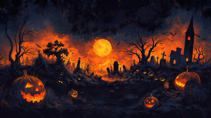 Wall Mural - The cemetery comes alive on Halloween night