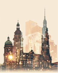 Wall Mural - Hannover Skyline Cityscape Double Exposure Poster - A city skyline with many tall buildings