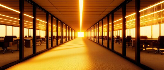 Wall Mural - A modern office interior illuminated by warm orange light, showcasing a spacious corridor lined with glass partitions and desks.