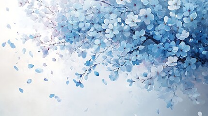 Poster - Blue Watercolor Painting of Cherry Blossoms and Falling Petals