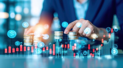 Poster - A professional analyzing financial data, with digital graphs and stacks of coins showcasing market trends and investment strategies.