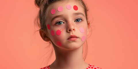 Monkeypox visual: Girl with a sorrowful expression and pink round stickers on her head, highlighting the disease's impact.
