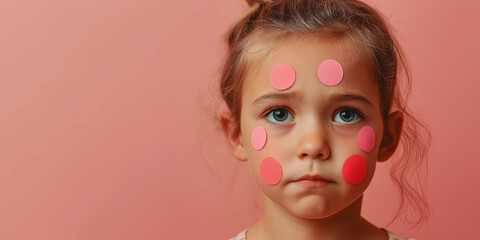 Sad girl with pink round stickers on her head, representing the effects of monkeypox disease.
