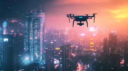 Wall Mural - Drone Flying Over Cityscape at Sunset