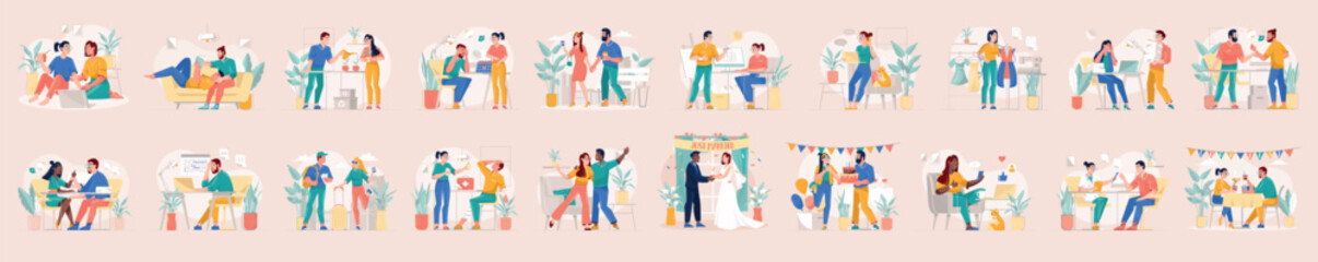 Poster - Mega set of cute concepts with people scene in flat cartoon design. A big collection of scenes with men and women in various situations with yellow accent. Vector illustration.