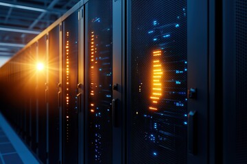 Poster - A sleek data center filled with server racks, illuminated by vibrant lights, showcasing modern technology and digital infrastructure.