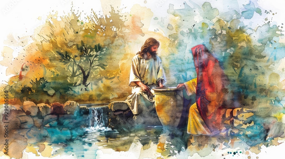 Jesus and the Samaritan woman at the well, using soft watercolor washes ...