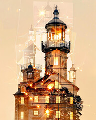 Wall Mural - Guernsey Skyline Landmarks Double Exposure Poster - A building with a tower and lights