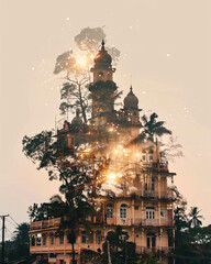 Wall Mural - Andaman & Nicobar Islands: Double Exposure Paradise - A building with trees and a tower