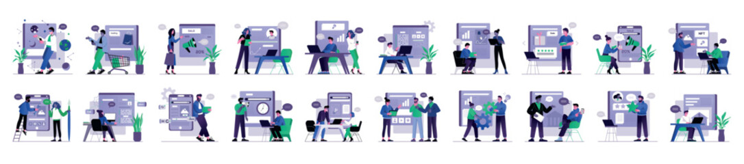 Poster - Mega set of violet concepts with people scene in flat cartoon design. Different topics are depicted in this collection in violet, blue and green colors. Vector illustration.