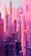 Pink and Blue Neon Skyscrapers in a Futuristic City