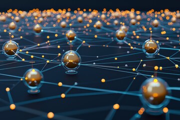 Poster - Close-up view of a connected network of spheres with glowing connections, representing modern digital communication and technology.