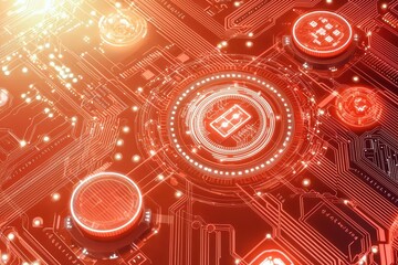 Poster - Close-up view of a futuristic circuit board with glowing elements, showcasing high-tech digital technology and innovation.