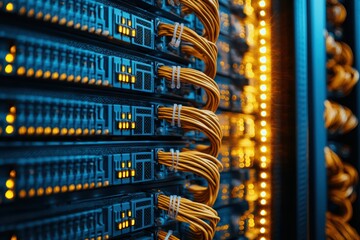 Poster - Close-up view of server racks with bright LEDs and organized cables, showcasing a modern data center's technology and efficiency.