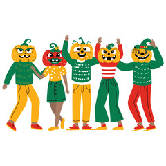 Funny people with pumpkin heads, vector cartoon isolated illustration for halloween holiday.