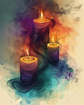 Bold Linework Candles in Serene Hues - A group of candles with flames