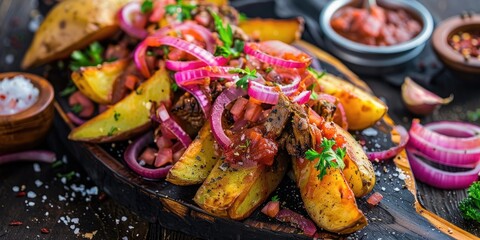 Sticker - Baked potato wedges served with lamb lula red sauce and pickled onions on a wooden board Horizontal composition