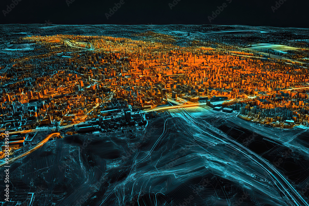 Technical aerial visual, 3D LiDAR GIS aerial map satellite scan model ...