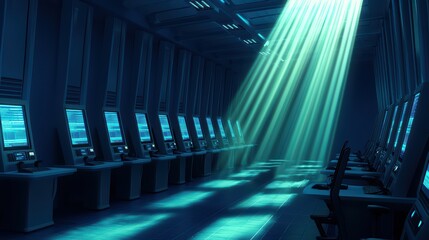 Poster - Futuristic control room with illuminated screens and dramatic lighting, showcasing advanced technology and a sleek design.