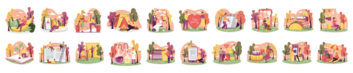 Aufkleber - Mega set of color concepts with people scene in flat cartoon design. A large collection of bright illustrations depicting different situations with big items. Vector illustration.