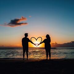 Silhouette of a Couple Holding Hands at Sunset on the Beach, Creating a Heart Shape