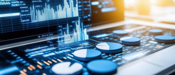 Poster - Modern data analysis dashboard with graphs and controls on a computer, showcasing finance and business insights.