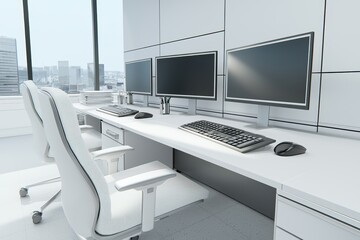 Poster - Modern office workspace with dual monitors, ergonomic chairs, and a sleek design, promoting productivity and focus in a minimalistic environment.