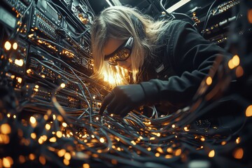 Poster - Technician working on complex server cables in a dimly lit environment, showcasing expertise in technology and maintenance.