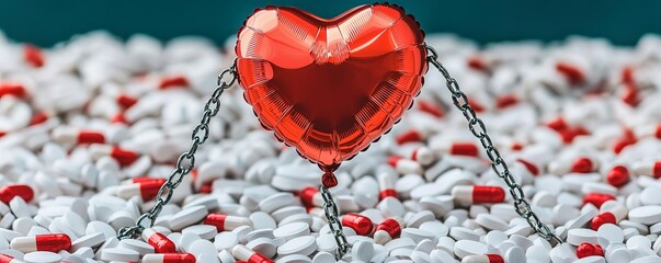 A heartshaped balloon being weighed down by heavy chains, floating just above a bed of pills, anxiety, stress, dependency, emotional weight