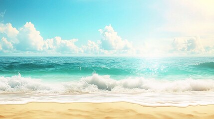 Sticker - Tranquil Beachscape: A serene and inviting seascape with turquoise waters crashing on a pristine sandy shore, under a clear sky with fluffy white clouds