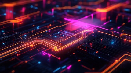 Wall Mural - Neon Circuitry: A vibrant, futuristic landscape of glowing circuitry, pulsing with energy and data. Perfect for tech, innovation, and digital themes. 