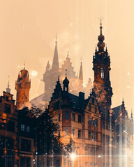 Wall Mural - Freiburg Skyline Double Exposure Blistered Paper Poster - A building with towers and trees