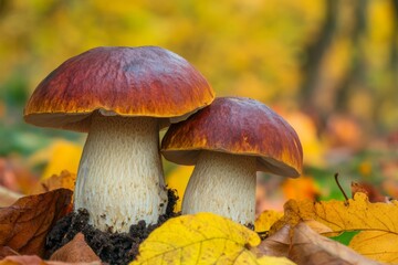 Wall Mural - In a picturesque forest setting, two vibrant mushrooms stand out beautifully amid the colorful autumn leaves