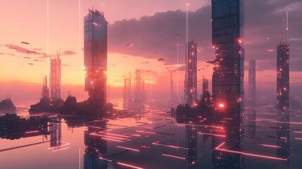 Sticker - Futuristic Cityscape with Glowing Towers at Sunset