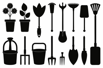 Gardening Tools - Icons Set silhouette vector illustration.