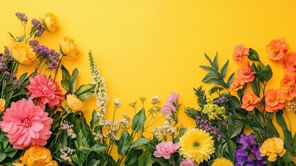 Blooming Brilliance on Yellow: A vibrant floral frame bursts with color on a sunny yellow backdrop, offering a cheerful and inviting space for your message.