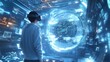 © CLOVER BACKGROUND - Immersed in Data: A young man explores a futuristic virtual reality interface, surrounded by a dazzling array of data visualizations and a mesmerizing blue portal.