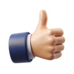 3D illustration of a hand wearing a blue sleeve, showing a thumbs-up gesture. The image represents approval, positivity, or agreement. Isolated on transparent background, png.