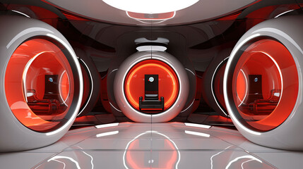 Aufkleber - Spaceship or lab interior in retro futuristic sci-fi style with round doors.